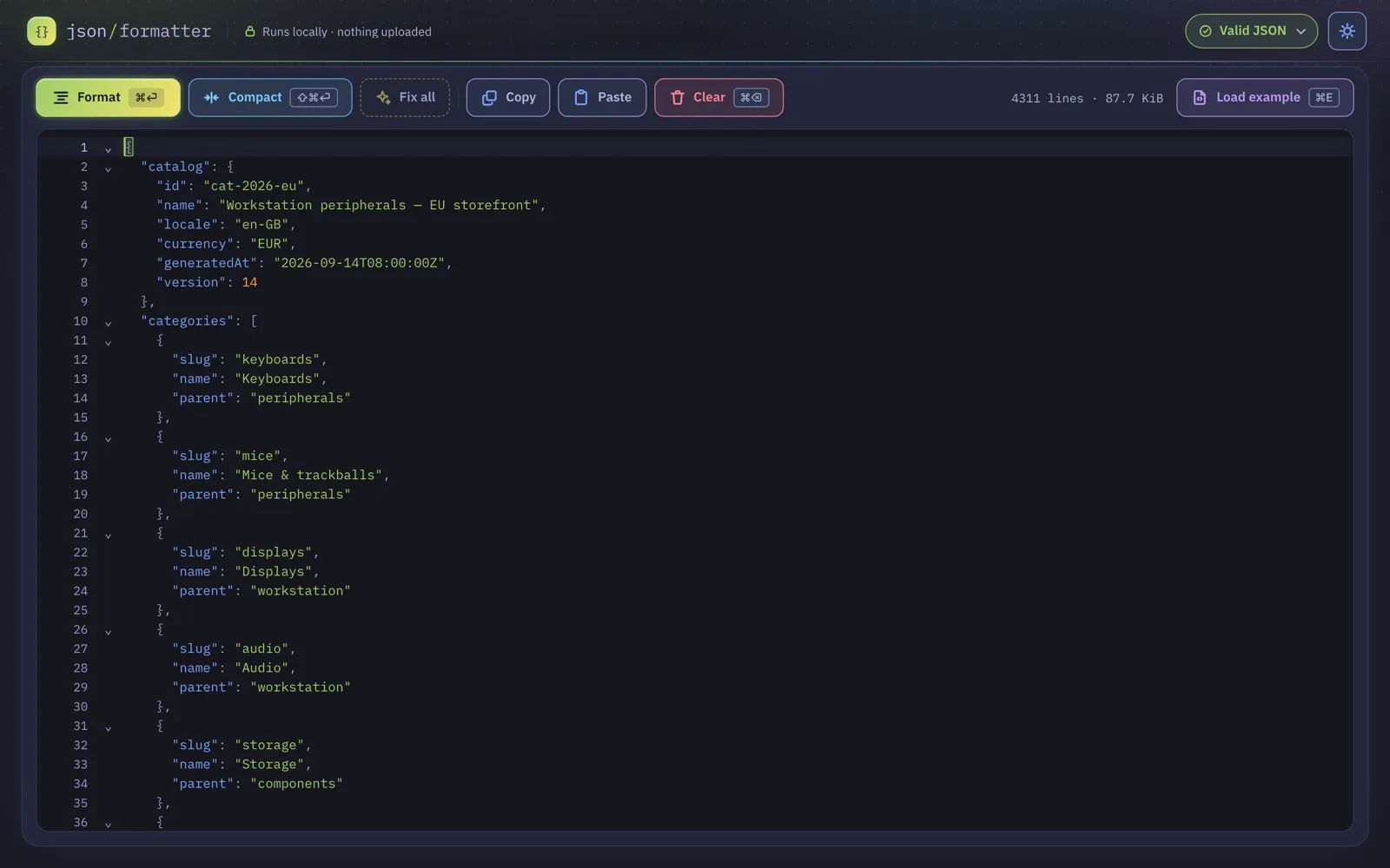 JSON Formatter в тёмной теме: отформатированный каталог товаров на 4311 строк, статус «Valid JSON».